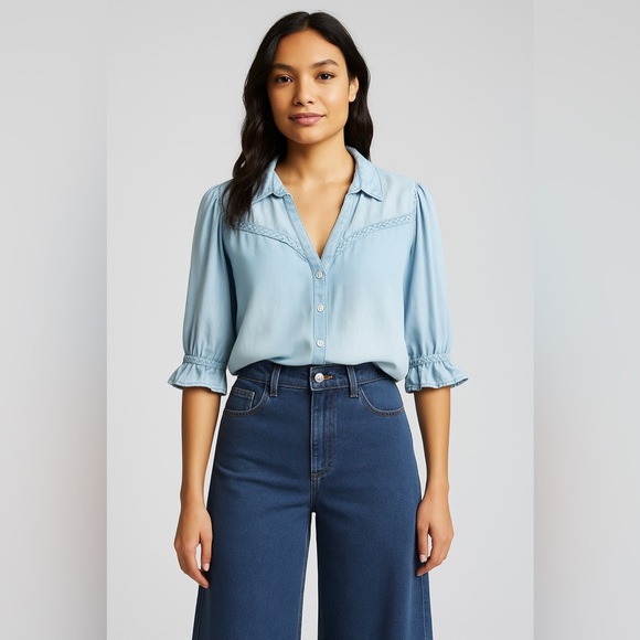 NWOT Wit & Wisdom Blouson Sleeve Western Button-Up Shirt Size Large - Picture 1 of 5